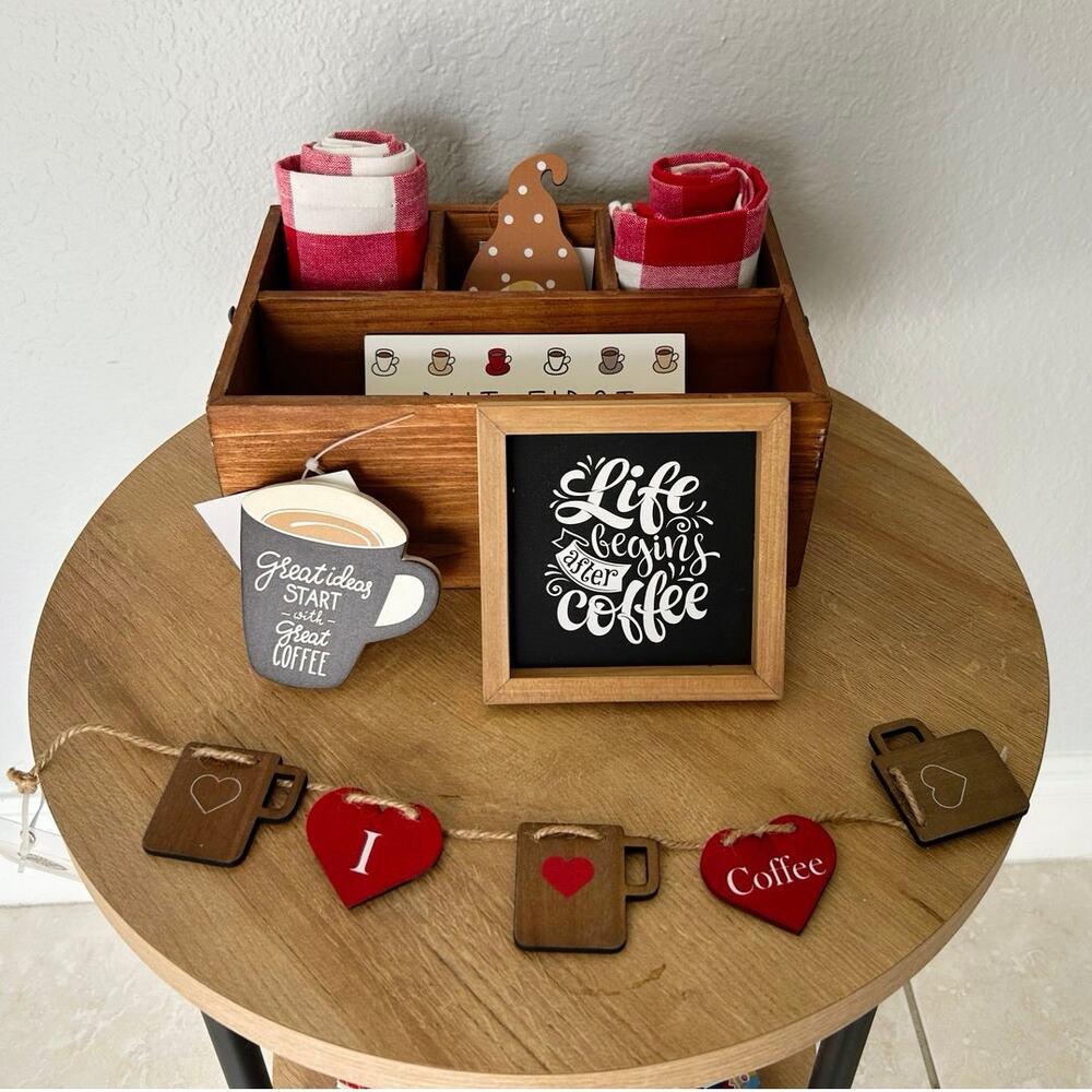 8 Item Coffee Decor Set: Small Signs, Wooden Utensil Holder, Tea Towels, NWOT